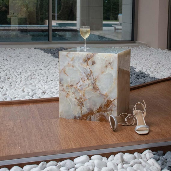 White Onyx Coffee Table Cube – Minimalist Stone Side Table for Modern living room