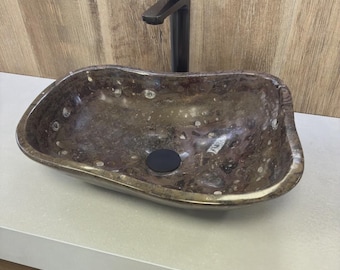 Brown Marble Oval Vessel Sink – Vanty unit Washbasin with Fossil Detail for modern Bathroom