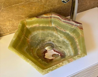 Green Onyx Vessel Sink – Natural Stone Bathroom Wash Basin, Unique Vanity Sink