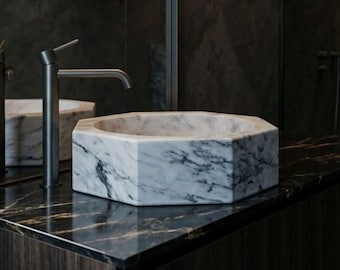 Luxury White Marble Wash Basin - Handmade Natural Stone Vessel Sink for Bathroom Vanity unit