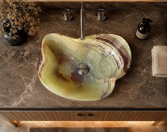 Onyx Vessel Sink for Bathroom vanity cabinet unit - Unique stone washbasin small stone basin