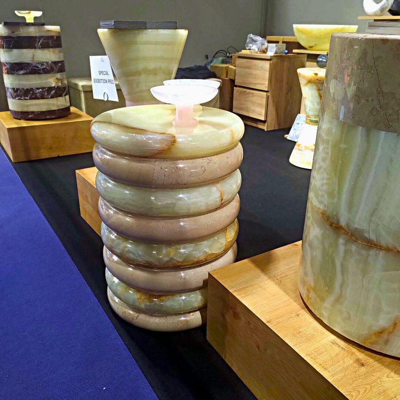 beige and green marble accent plint table, ideal for living room or bedroom