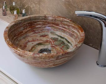 Green Onyx Stone Vessel Sink, Natural Stone Bowl Washbasin for Bathroom Vanity - 15.7 Inch
