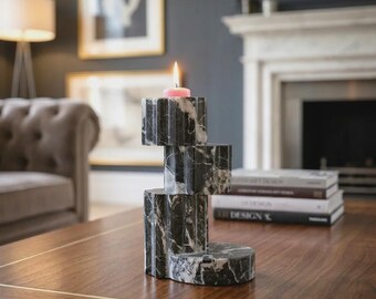 Porte-bougie en marbre noir – Support géométrique en pierre pour bougie chauffe-plat, idéal pour une table et une décoration intérieure modernes.
