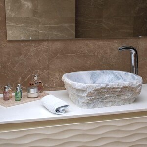 Natural Stone Grey Marble Sink - Unique Handmade Bathroom Vanity Basin, Rustic Design, Small sink