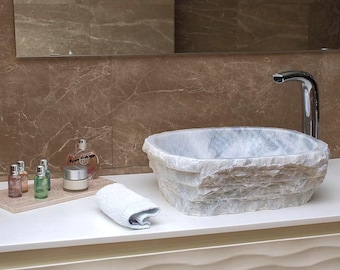 Natural Stone Grey Marble Sink - Unique Handmade Bathroom Vanity Basin, Rustic Design, Small sink