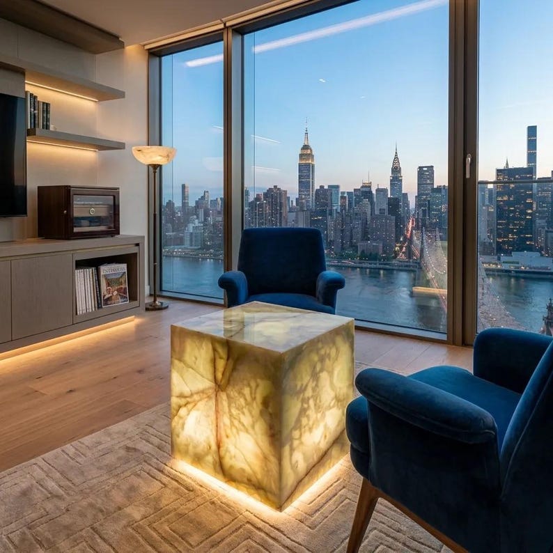 Light green onyx cube coffee table placed in a modern living room nearby of chair as side table