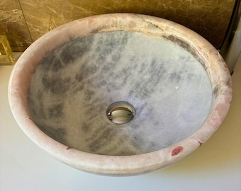 White Marble Bowl Sink with Pink Onyx - Handmade Countertop Basin for Luxury Bathroom