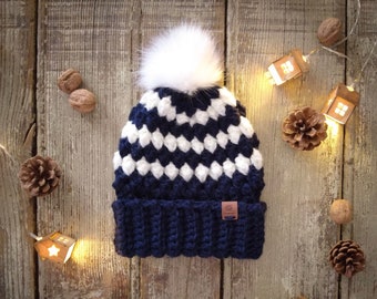 Bonnet Hiver Fait main Bicolore Bleu & Blanc