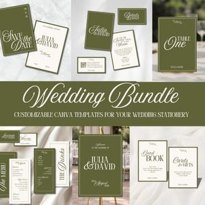 Könnte beinhalten: Eine Sammlung von olivgrünen und weißen Hochzeitspapeterie-Vorlagen. Das Set umfasst Save-the-Date-Karten, Einladungen, Tischkarten, Menüs und Beschilderungen. Der Text "Wedding Bundle" ist prominent dargestellt.