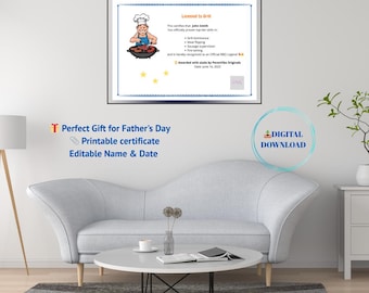 Personalized Licensed to Grill Dad Certificate –Funny Father&#39;s Day Gift –Digital Download Printable – Funny Gift for Him –Custom Name & Date