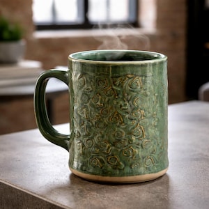 Handmade Jungle Mug: Forest Green Ceramic Stoneware - 300ml / 10oz