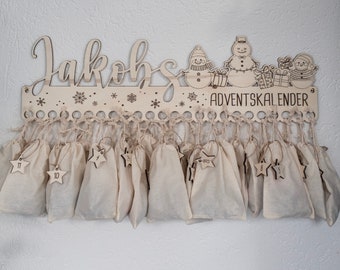 Personalisierbarer Adventskalender aus Holz zum befüllen, Geschenk zur Adventszeit, Perfekt für Kinder, Langlebig und Nachhaltig, Schneemann