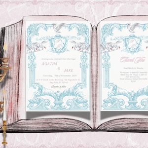 Elegant Swan-Themed Digital Wedding Invitation & Thank You Card Set – Vintage Blue Baroque Design for Instant Download"