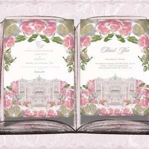 Coleção de cartões de casamento digital elegante e luxuoso, conjunto inclui, cartão de convite, cartão de agradecimento, ilustração do local