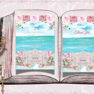 Digital Wedding Invitation and Thank You Cards  Vintage Blue Swan and Floral Design for Elegant Celebrations