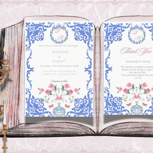 Digital Wedding Invitation and Thank You Cards  Vintage Blue Swan and Floral Design for Elegant Celebrations