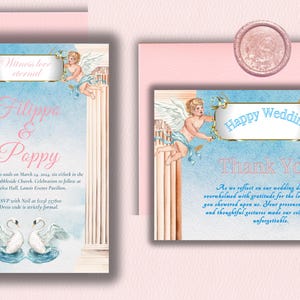 Romantic, work of art, wedding invitation and a thank you card feature a luxurious, vintage-inspired design with an elegant aesthetic.
