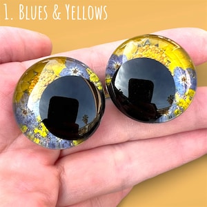 Dried Flower Safety Eyes | Hand-Painted Glitter and Flowers Sinker Eyes | 25-35mm | Amigurumi Kawaii Crochet 1. Blue & Yellow