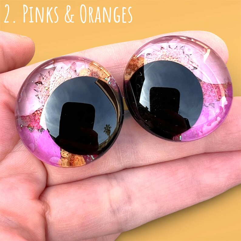 Dried Flower Safety Eyes | Hand-Painted Glitter and Flowers Sinker Eyes | 25-35mm | Amigurumi Kawaii Crochet 2. Pink & Orange