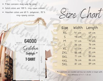 Tabla de tallas detallada de Gildan 64000 Métricas cms Tabla de tallas de maqueta de Gildan Softstyle estilizada Tabla de tallas de maqueta de camiseta de moda 64000 Tee