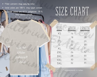 Tabla detallada de tallas Gildan 64000 Pulgadas imperiales Dark Gildan Softstyle Mockup Tabla de tallas Camiseta de moda Mock-up Tabla de tallas 64000 Tee
