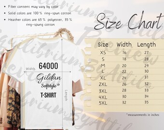 Tabla de tallas detallada de Gildan 64000 Pulgadas imperiales Tabla de tallas de maqueta de estilo suave de Gildan estilizada Tabla de tallas de camiseta de maqueta de moda 64000 Camiseta