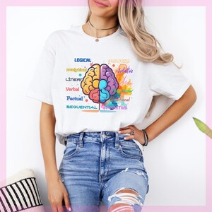 Op de afbeelding: Wit T-shirt met een kleurrijke hersenen grafiek en tekst die "Logisch, Analytisch, Lineair, Verbaal, Feitelijk, Sequentieel" aan de linkerkant van de hersenen en "Abstract, Intuïtief, Emotioneel, Imaginatief" aan de rechterkant van de hersenen staat.