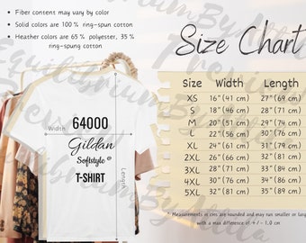 Tabla de tallas detallada de Gildan 64000 Tabla de tallas de maqueta de estilo suave de Gildan estilizada imperial y métrica Tabla de tallas de camiseta de maqueta de moda Camiseta 64000