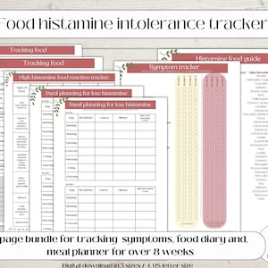 Könnte beinhalten: Ein druckbares 6-seitiges Bundle zur Verfolgung von Histaminintoleranz durch Lebensmittel. Das Bundle enthält ein Ernährungstagebuch, einen Speiseplan, einen Symptom-Tracker und einen Leitfaden für Histamin-reiche Lebensmittel. Die druckbaren Seiten sind in einem rosa und weißen Farbschema gestaltet.