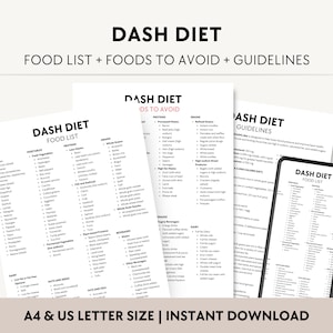 DASH Diet Food List PDF, High Blood Pressure Grocery Chart, Dietary Approaches to Stop Hypertension, Low Sodium Meal Plan, Heart Health A4