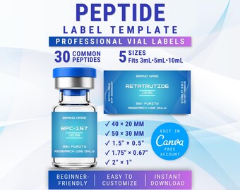 Modello di etichetta per peptidi blu / Modificabile con Canva / Etichette per fiale da 3 ml / 40 x 20 mm 50 x 30 mm 2x1 (Download digitale)