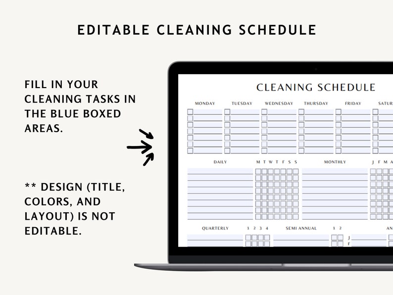 Introducing our convenient editable cleaning schedule. Effortlessly manage your household chores with ease. Stay on track, organize tasks, and achieve a spotless home. Simplify your cleaning routine today with our printable cleaning schedule.