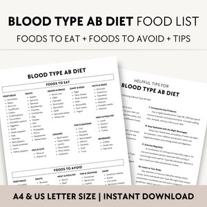 Blutgruppe AB Diet Food List PDF, Blutgruppe AB Anleitung zum Thema Gesunde Ernährung, Lebensmittel Sensibilität Einkaufsliste Printable, Essen und Vermeiden Lebensmittel Tabelle