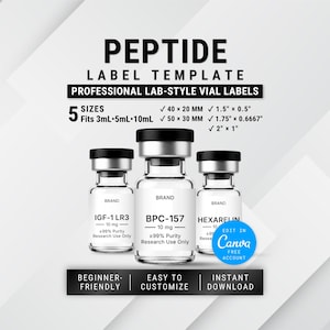 May include: A peptide label template for professional lab-style vials. The graphic displays three clear glass vials with black caps and white labels reading IGF-1 LR3, BPC-157, and HEXARELIN. Text includes 5 sizes, 40x20mm, 50x30mm, 1.5x0.5in, 1.75x0.6667in, 2x1in.