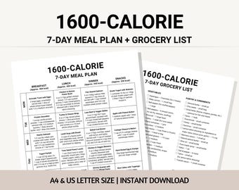 1600-Calorie Meal Plan PDF, 7-Day Meal Prep, Weight Loss Grocery List, Calorie Deficit Diet