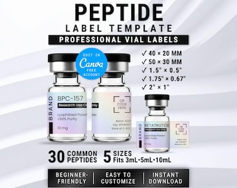 Modello di etichetta per peptidi Niimbot, etichette olografiche per fiale, modificabile su Canva, 3 ml, 5 ml, 10 ml (download digitale)