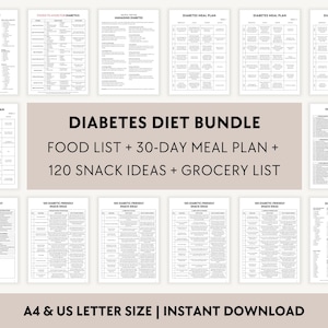 以下が含まれることがあります： 糖尿病管理用の印刷可能なドキュメントのセット。バンドルには、食品リスト、30日間の食事プラン、120のスナックのアイデア、食料品リストが含まれています。A4およびUSレターサイズで利用できます。