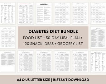30-Day Diabetic Meal Plan PDF, 7-Day Diabetes Diet Food List Printable, Grocery, Snack Ideas
