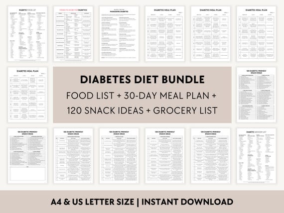 30-Day Diabetic Meal Plan PDF, 7-Day Diabetes Diet Food List Printable, Grocery, Snack Ideas