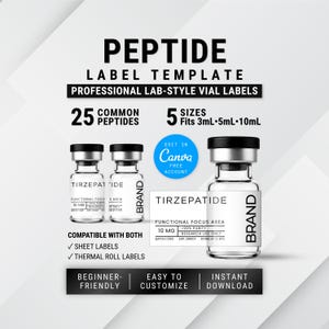 May include: A digital template for peptide vial labels featuring text that reads PEPTIDE LABEL TEMPLATE, PROFESSIONAL LAB-STYLE VIAL LABELS, 25 COMMON PEPTIDES, 5 SIZES Fits 3mL-5mL-10mL, EDIT IN Canva FREE ACCOUNT, TIRZEPATIDE, and BRAND.