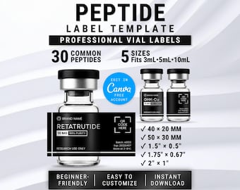 Modello di etichetta per flacone di peptidi, Retatrutide, Tirzepatide, GHKCu, BPC157 Pacchetto stampabile, Canva modificabile (download digitale)