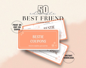 Editable Best Friend Coupons, Printable BFF Coupon Book, Galentines Day, Last Minute Friendship Gift