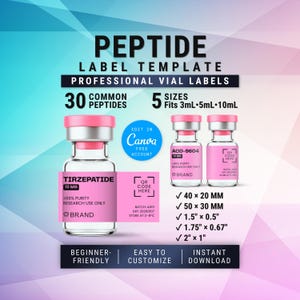 Puede incluir: Plantilla de etiquetas para viales de péptidos con etiquetas rosas que incluyen texto como Tirzepatide 10mg, 99% pureza, solo para investigación y espacios para códigos QR. Incluye 30 péptidos, 5 tamaños y dimensiones de 40x20mm, 50x30mm, 1.5x0.5 pulgadas, 1.75x0.67 pulgadas y 2x1 pulgadas.