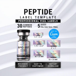 Könnte beinhalten: Eine digitale Vorlage für professionelle Peptid-Fläschchenetiketten mit einem klaren Glasfläschchen mit schwarzem Verschluss und holografischem Text BPC-157 10 MG. Die Grafik zeigt fünf Etikettengrößen in mm und das Canva-Logo.