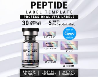 Modello di etichetta per peptidi da scaricare, etichette olografiche per fiale stampabili, modificabili su Canva, BPC157, Retatrutide, GHKCu, Tirzepatide