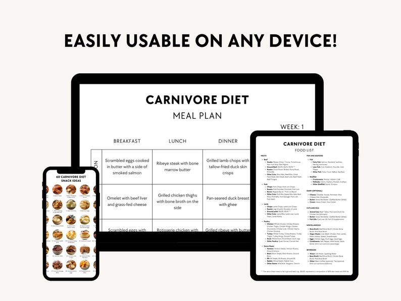 Looking for a carnivore diet food list PDF? This downloadable guide provides a comprehensive list of zero-carb, high-protein foods like beef, lamb, seafood, eggs, and dairy to help you stay on track with your carnivore lifestyle. Perfect for meal planning, grocery shopping, or quick reference, this PDF ensures you have everything you need to succeed on a strict carnivore diet! Carnivore Diet List Bundle, 30-Day Meal Plan, Food to Eat and Avoid, Shopping 
 Grocery List, Snack Ideas with Recipes.