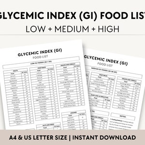 May include: A printable chart listing foods categorized by their Glycemic Index (GI) values. The chart is divided into three sections: Low GI Foods (0-55), Medium GI Foods (56-69), and High GI Foods (70+). The chart includes a variety of fruits, vegetables, grains, legumes, dairy products, and nuts and seeds.