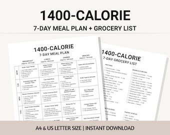 1400-Calorie Meal Plan PDF, Printable 7-Day Calorie Deficit Diet, Daily Menu, Weekly Grocery List