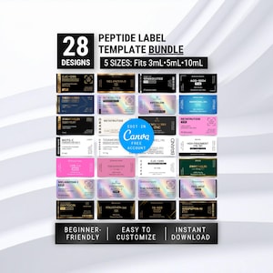 Pode incluir: Um pacote digital de 28 modelos de etiquetas de peptídeos com vários esquemas de cores e layouts. O texto inclui 28 DESIGNS, PEPTIDE LABEL TEMPLATE BUNDLE, 5 SIZES: Fits 3ml, 5ml, 10ml, EDIT IN Canva FREE ACCOUNT, BEGINNER-FRIENDLY, EASY TO CUSTOMIZE e INSTANT DOWNLOAD.